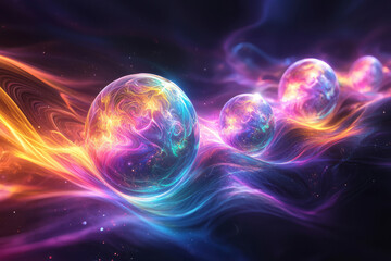 Obraz premium A Luminous Fusion of Neon Fractal Waves and Radiant Spheres in a Fluid Abstract Composition Against a Dark Backdrop