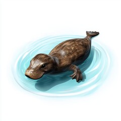 Fototapeta premium Platypus swimming in a calm blue pond, placed on a bright white background