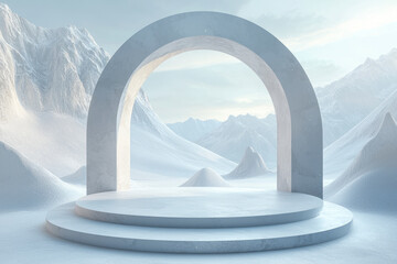 Surreal Winter Abstraction Geometric Arch and Podium Illuminated by Natural Light Against a...