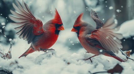 Obraz premium Two male cardinals in winter snow engaged in a display of beauty and rivalry in a serene forest setting