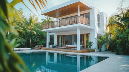 Fototapeta premium Elegant white cubic villa with wooden balcony large pool and surrounding tropical plants natural lighting HD quality