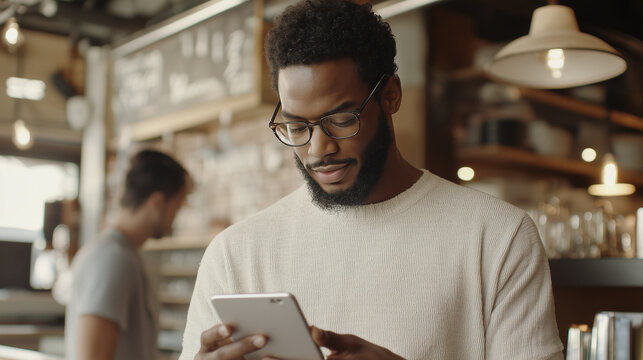 Recent Immigrant Using Translation App in Restaurant