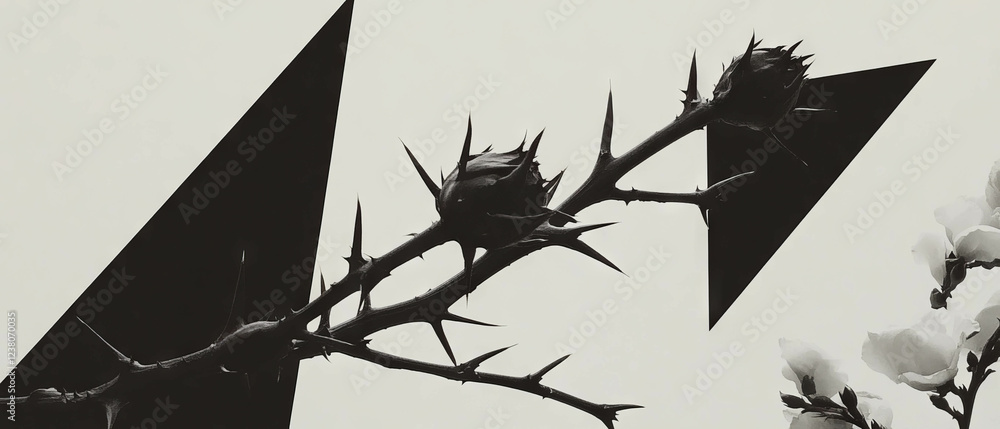 Poster minimalist collage blending geometric shapes with a close-up of a thorny branch