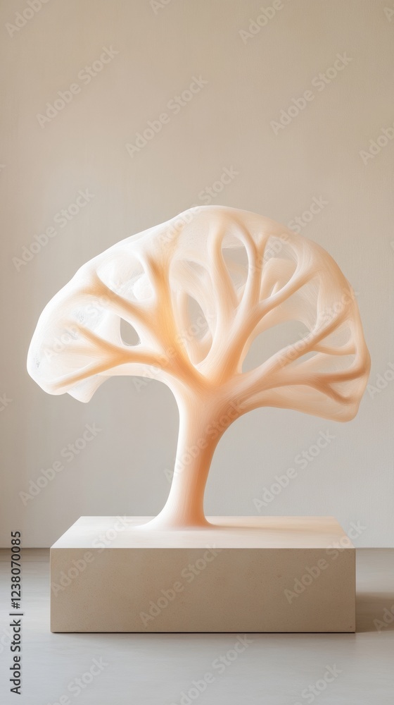Poster translucent neural network sculpture -printed filament art on minimalist base - tech integration for