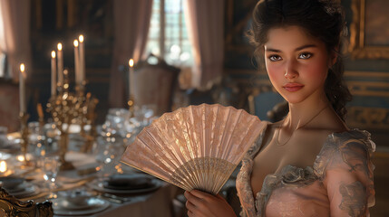 Court lady in pastel dress holds fan in opulent dining room during an elegant gathering