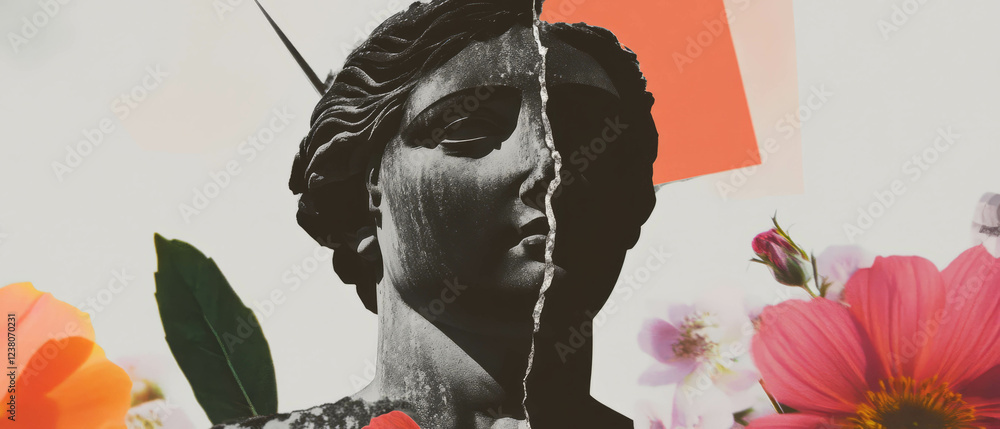 Poster collage of geometric shapes and flowers with an empty pedestal of a statue