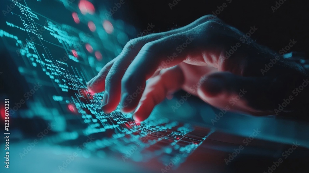 Poster Futuristic Digital Workspace Hands on Neon-Lit Keyboard with Virtual Graphs - Cyber Aesthetic in Tech Industry for Enhanced Remote Productivity