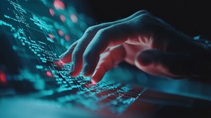 Futuristic Digital Workspace Hands on Neon-Lit Keyboard with Virtual Graphs - Cyber Aesthetic in Tech Industry for Enhanced Remote Productivity