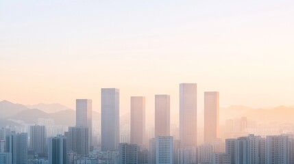 Fototapeta premium Futuristic Urban Serenity Korean Skyscrapers in Morning Fog for Real Estate Marketing and Architectural Visualization - Modern Skyline Design for Tranquil Cityscapes