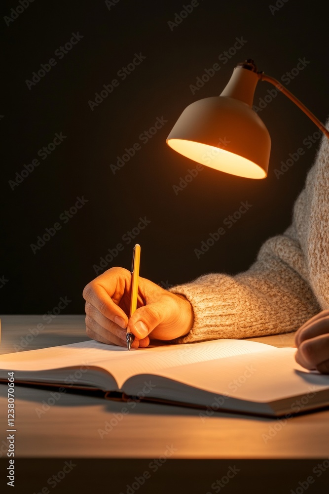 Aufkleber cozy minimalist study scene wool-clad individual writing at wooden desk under warm lamp - academic c