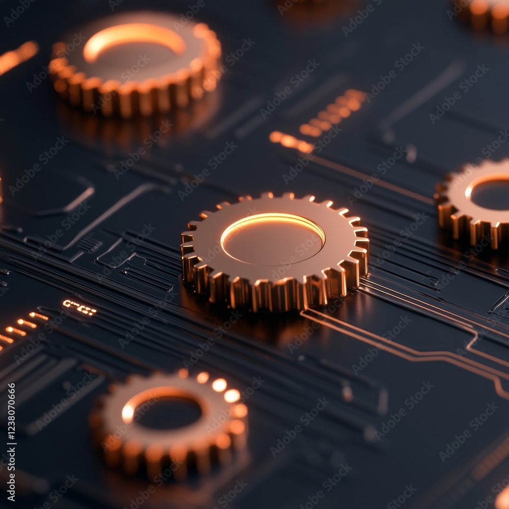 Poster Futuristic Copper Gear Network Sleek Black Circuit Design for Advanced Tech Integration in Digital Services - Enhancing Systems and Modern Business Infrastructure