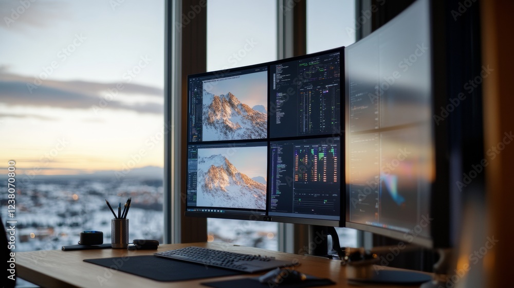Poster modern tech aesthetic dual-screen weather radar display in sleek control room - high-resolution stor