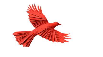 Red origami bird flying with transparent background