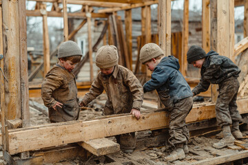 Young boys engaged in playful teamwork while constructing a rustic wooden barn showcasing friendship and creativity in a charming countryside setting