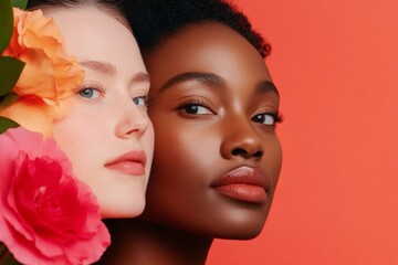Obraz premium Floral Portraits for Modern Beauty Campaigns Diverse Female Faces with Botanical Overlays - Creative Content for Fashion Industry and Digital Marketing