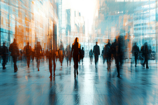 Dynamic Team in Motion Business Professionals Navigating a Modern Coworking Space Capturing the Essence of Collaborative Work in a Vibrant Office Environment