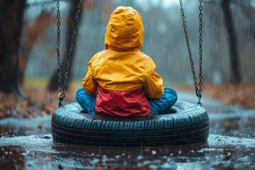 Vibrantly Attired Child Joyfully Swings on Tire Amidst Rainy Day Bliss Embracing the Magic of Colorful Play and Nature's Refreshing Embrace