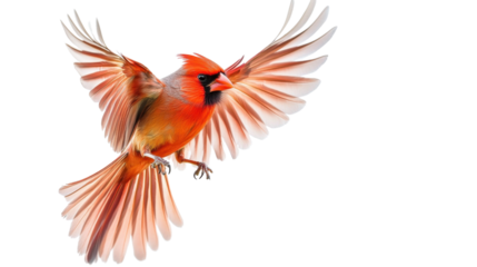 Majestic cardinal bird flying with open wings on transparent background