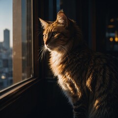 A regal feline’s fur glowing softly as its shadow stretches across the window in perfect contrast to Tokyo’s electric lights.