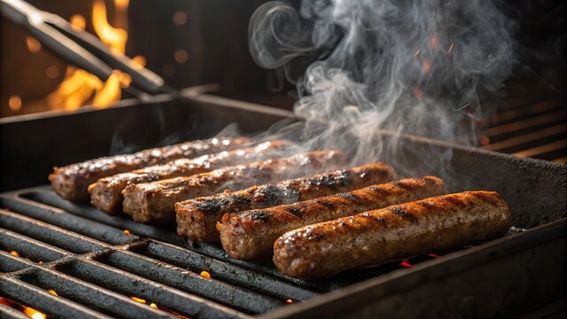 Sizzling beef cevapi on a hot grill in a smoky kitchen during a summer evening cooking session