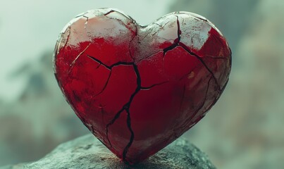 Cracked red heart against a neutral background, symbolizing heartbreak and emotional fragility.