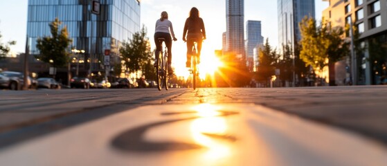 Golden Hour Micromobility Urban Cycling on Modern Pedestrian Walkway with High-Rise Backdrop - Sustainable Transit Innovation for City Dwelling Commutes