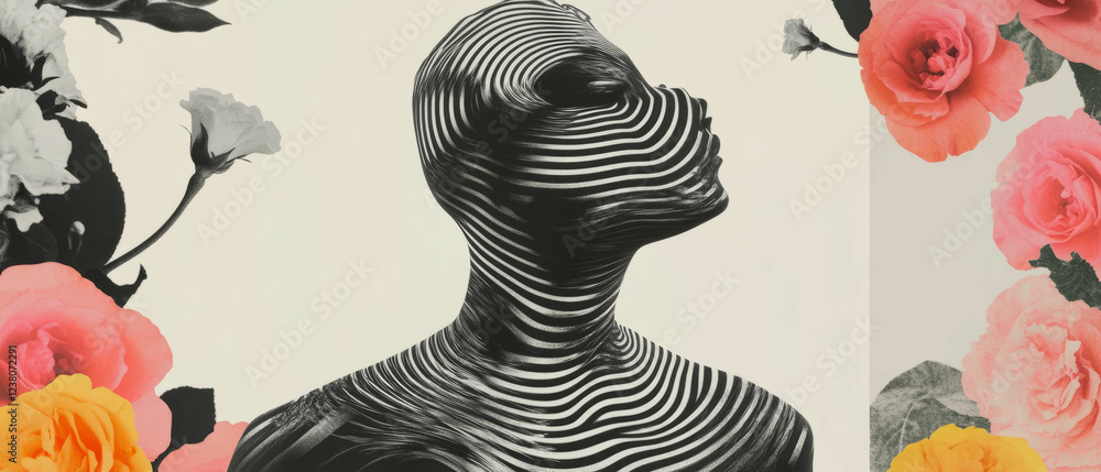 Poster minimalist collage featuring geometric shapes and a statue with swirling patterns