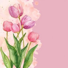 Watercolor tulip bouquet with space for text.