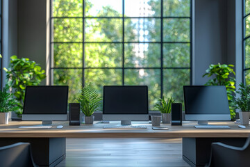 Fototapeta premium Spacious Vacant Corporate Workspace Featuring Desks with Computers by the Window Ideal for Inspiring Productivity and Modern Office Aesthetics