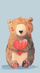 cartoon watercolor bear holding heart in paws.