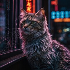 A cat with fur that reflects Tokyo’s neon signs, casting intricate light patterns across the windowsill.