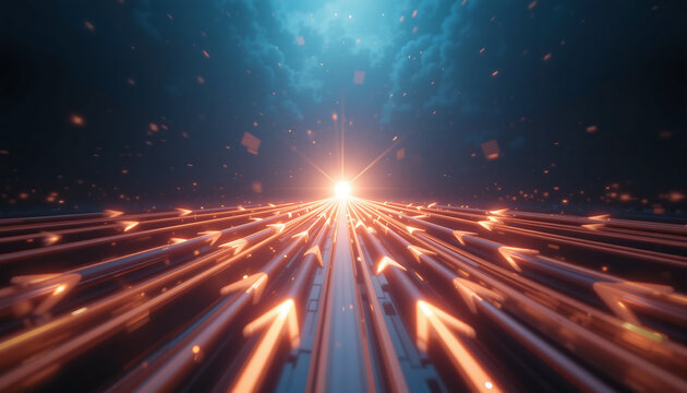 Glowing arrows converge at a bright point representing unity and collaboration