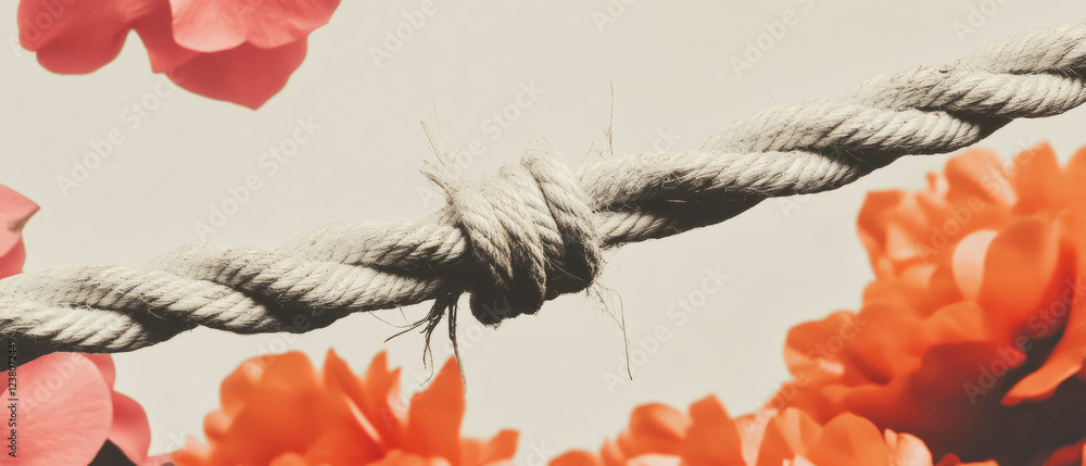 Poster minimalist collage of fraying rope and floral elements in a simple composition