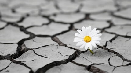 Resilient daisy blooming in cracked, dry earth; arid landscape background; environmental impact imagery