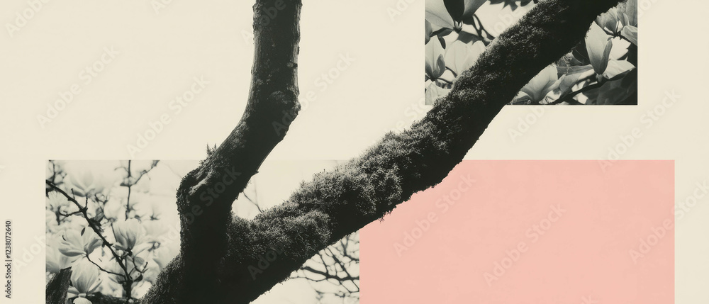 Poster minimalist collage of a tree branch with moss and geometric shapes on a white background