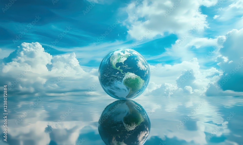 Poster crystal-clear globe on a reflective surface surrounded by a serene cloudscape, embodying purity and 