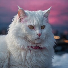 A snowy white cat with fur like soft clouds, illuminated by Tokyo’s electric blues and pinks.