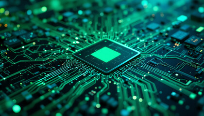 Close-up view of a glowing circuit board showcasing technology and innovation