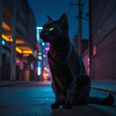 A sleek black cat with subtle stripes of glowing neon light running through its fur, reflecting the city’s electric colors.