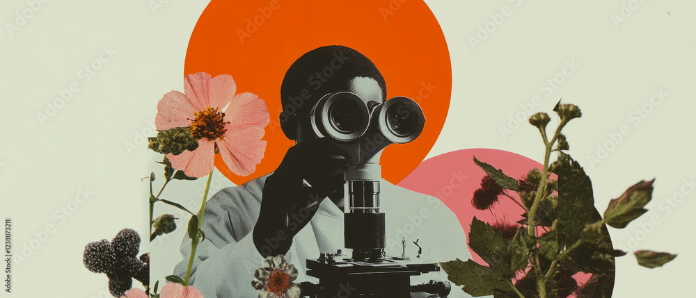 Poster minimalist collage featuring a scientist observing through a microscope with floral elements