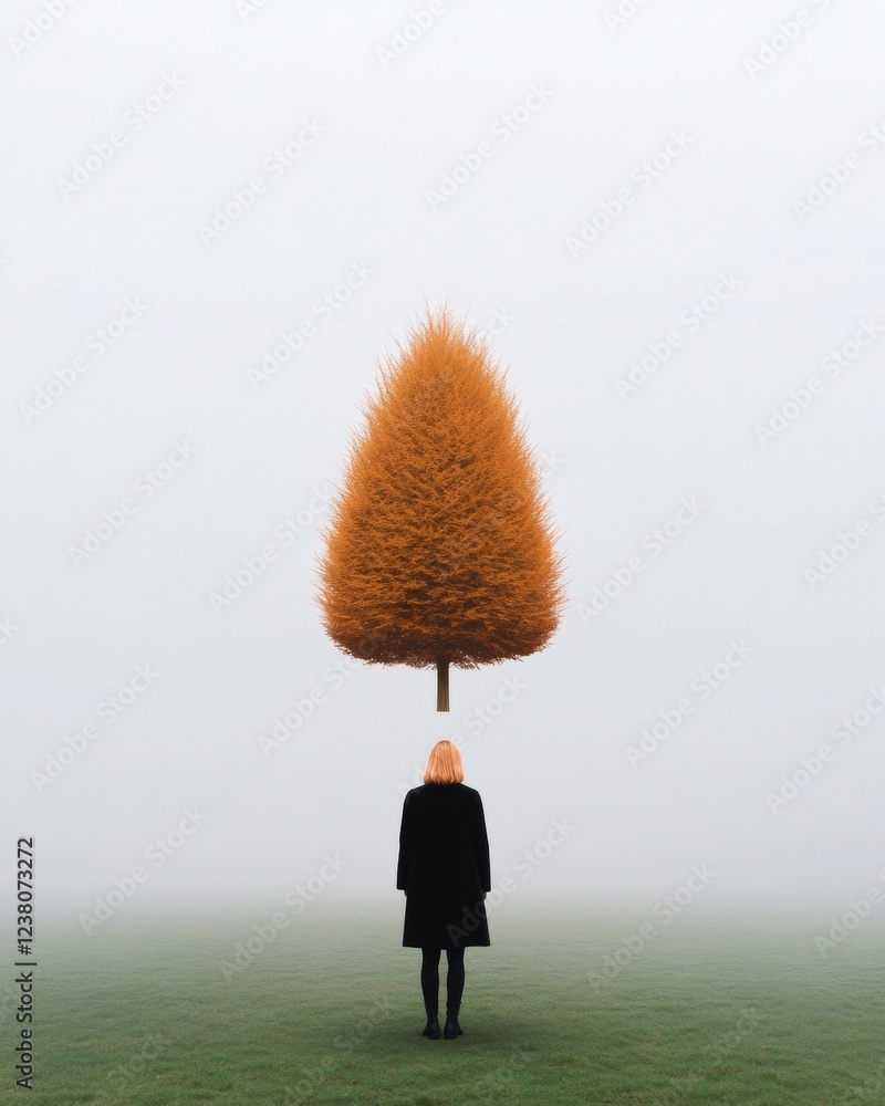 Poster minimalist winter art frost-covered field with floating orange tree and solitary figure - conceptual