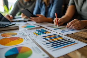 Elevated Perspective of a Multicultural Team Analyzing Graphs in a Contemporary Office Lounge During a Collaborative Meeting Session