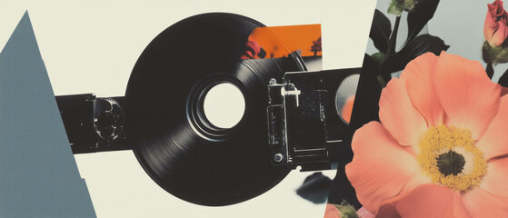 Minimalist collage combining geometric shapes and floral elements with a film splicer detail