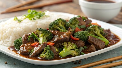 Enjoying a delicious plate of beef and broccoli stir fry served with rice and sauce on a wooden table