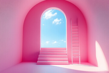 Serene Minimalist Composition Arch Window Framing a Blue Sky with a Ladder Against a Soft Pink...