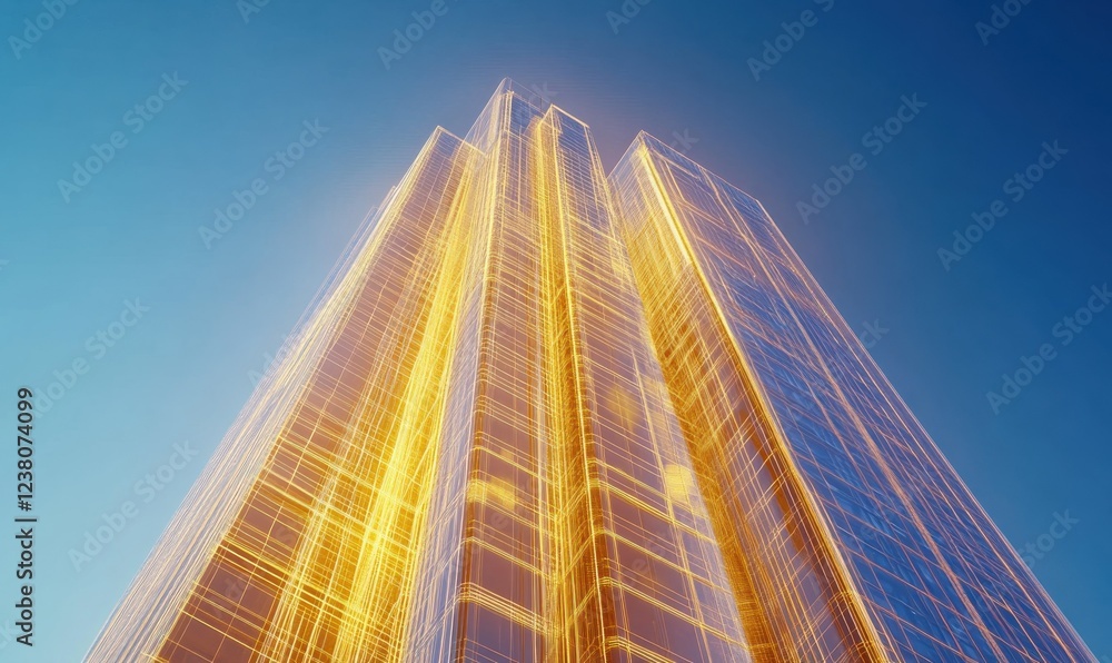 Poster detailed wireframe architectural design of a futuristic skyscraper, illuminated by soft gradients of