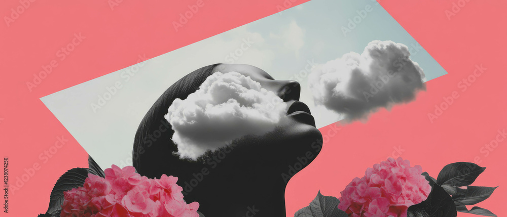 Poster collage exploring divine presence with geometric shapes and cloud-human face interaction