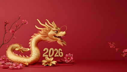 Fototapeta premium golden numbers 2026 on a red background, with Chinese dragon elements surrounding the numbers