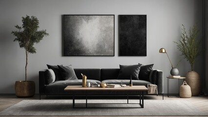 Modern living room featuring minimalist decor with dark tones and artistic elements enhancing the cozy atmosphere