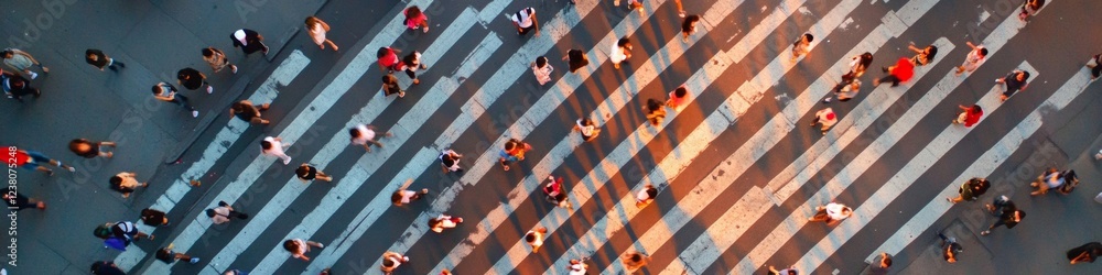 Poster dynamic aerial view of urban intersection illuminated gridlines, energetic commuter movements and vi